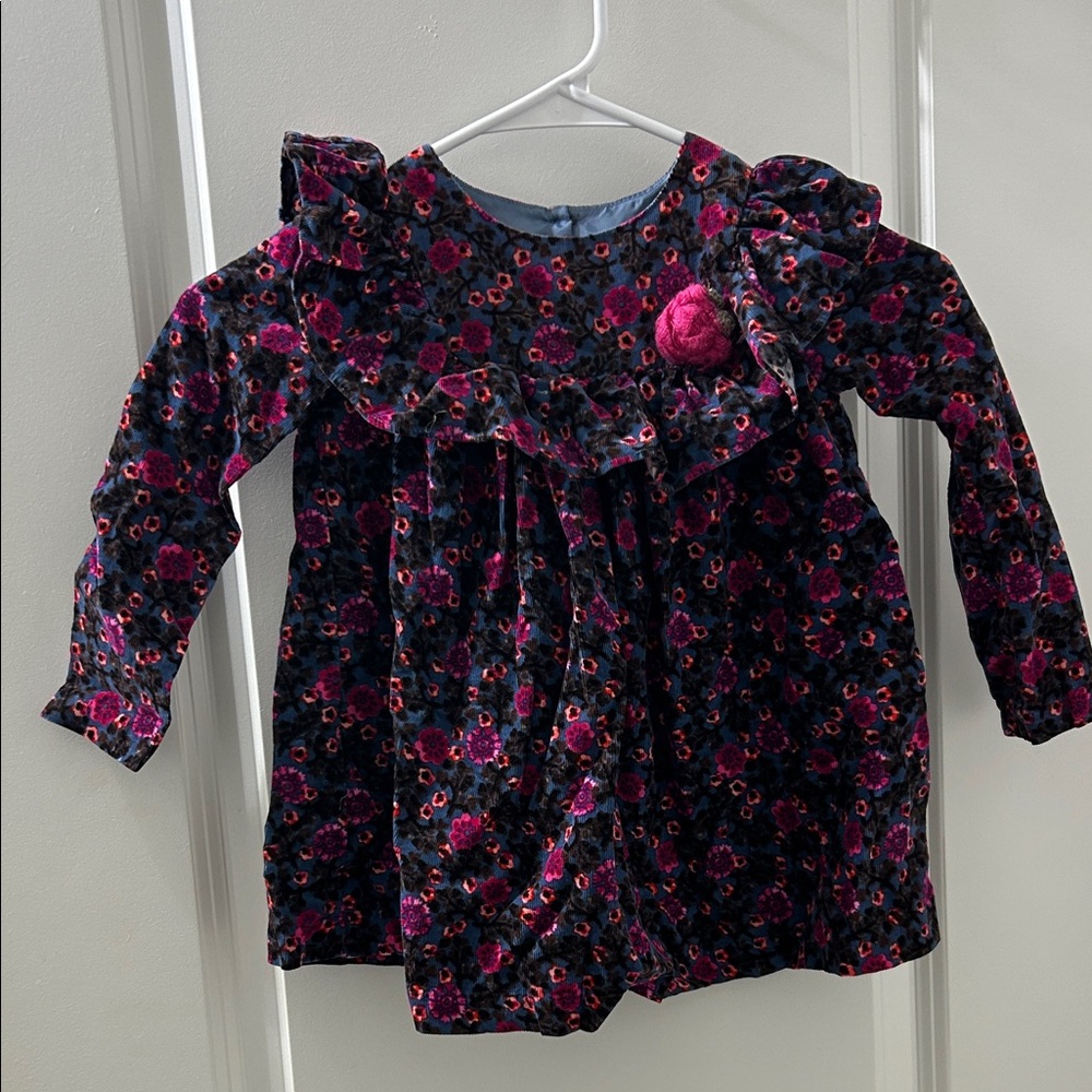Colorful Corduroy Long Sleeve Kids Dress with Ruffles and Button Detail